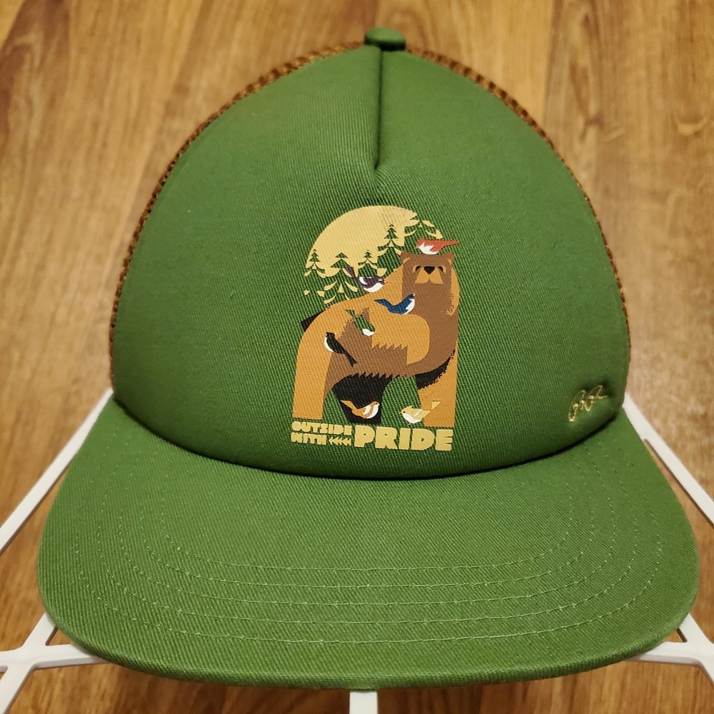 REI Hiking Hat‎ Adult Snapback Green Brown Mesh Outside With Pride Bear Logo